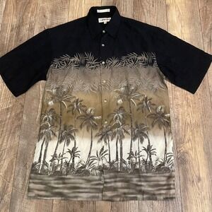 Campia Moda Mens Small Black Brown Tropical Palm Tree Rayon Hawaiian Shirt S
